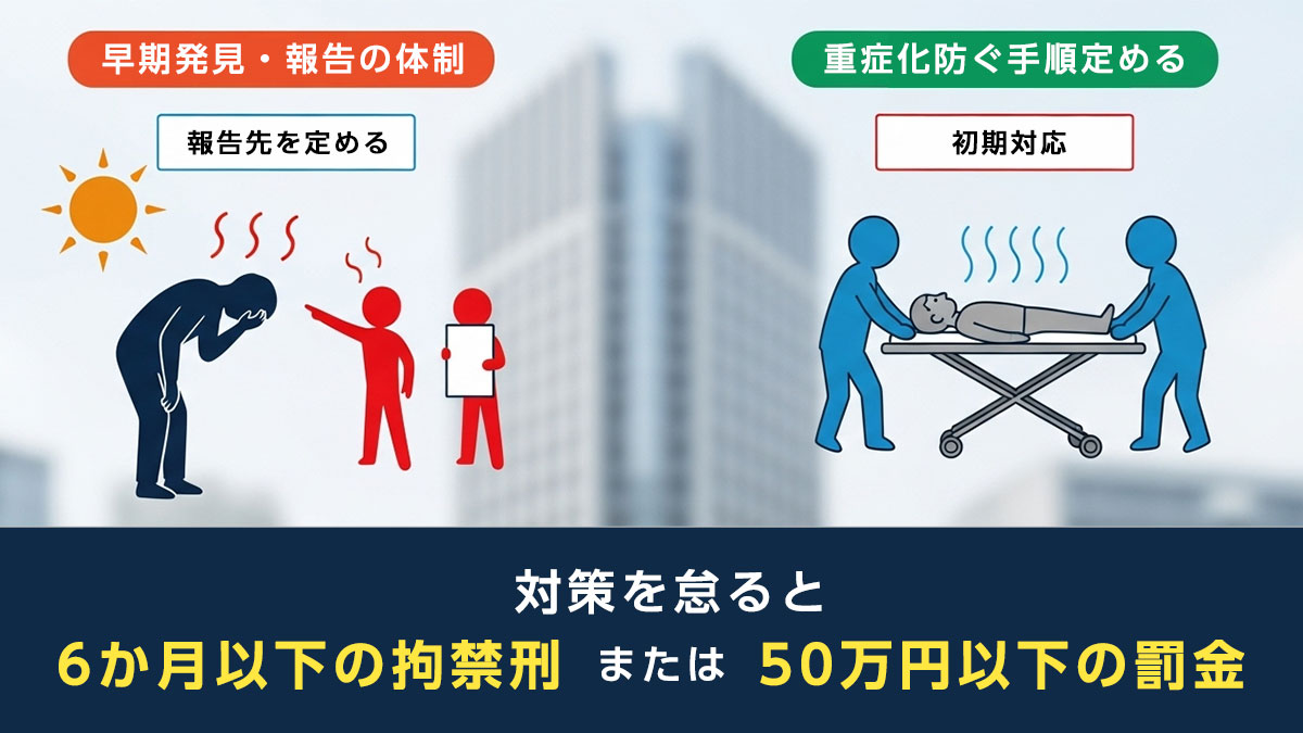 熱中症対策を怠ると、6ヶ月以下の拘禁刑または50万円以下の罰金