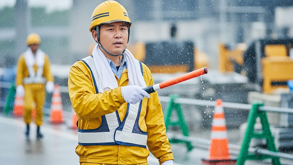 雨の中、屋外で働く人のイメージ