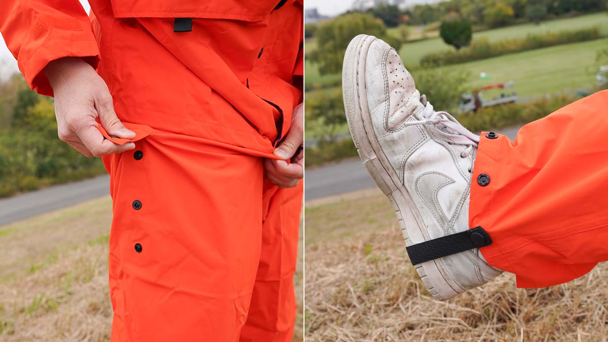 トキワのレインウェア「レインナビゲーター」のパンツ丈調整機能と裾固定ベルト