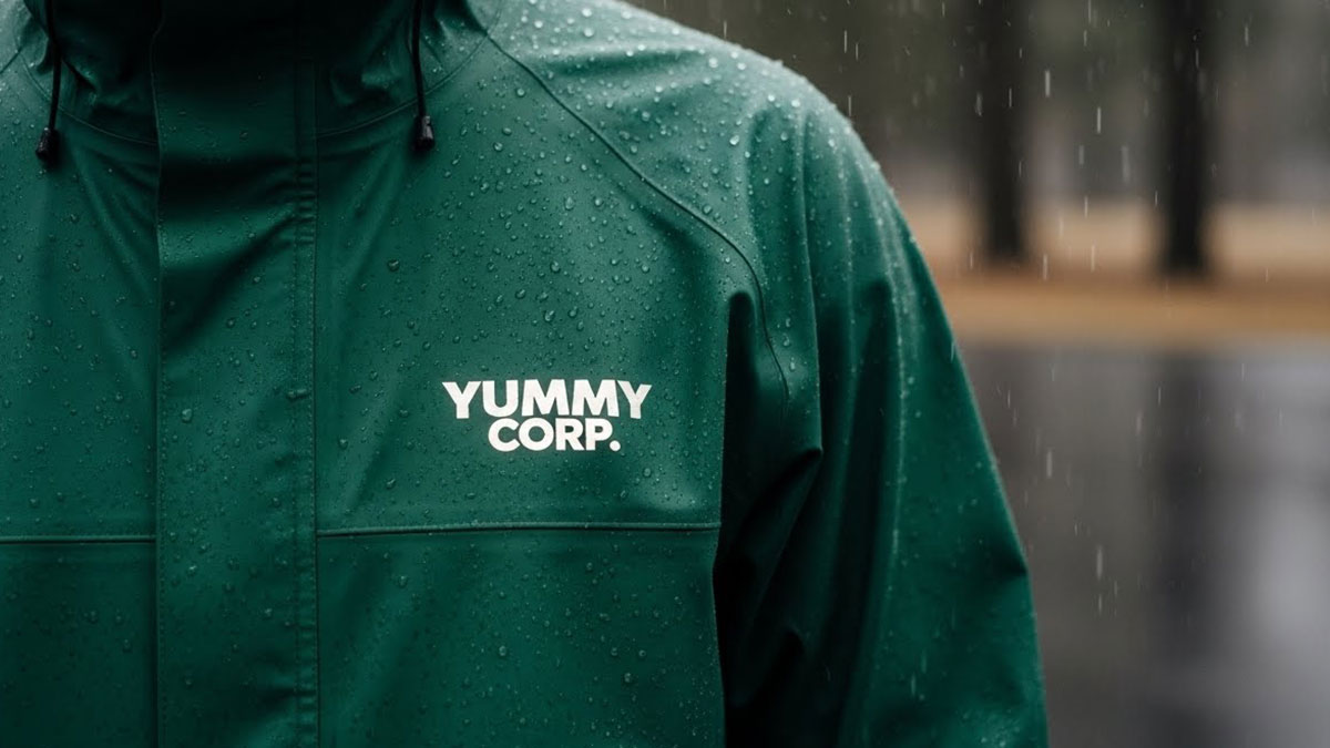 レインウェアにワンポイントで反射プリントをつけた例